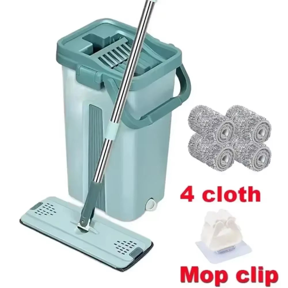 Flat Squeeze Mop Hands Free Wringing Microfiber Pad with Bucket for Hardwood Laminate Floor Window Wet Dry Washable Cleaning Set