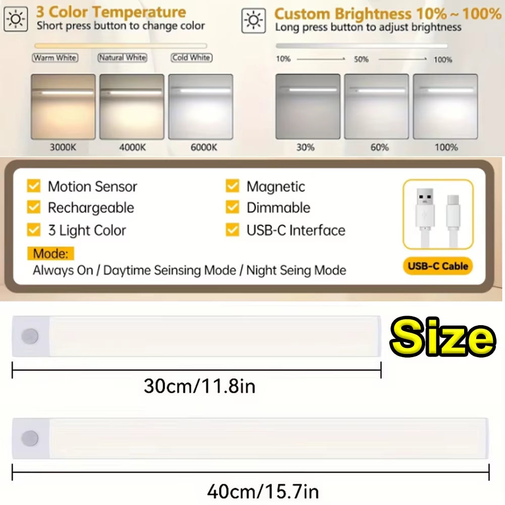 Illuminate Your Space with 1-4 PCS Wireless Rechargeable LED Motion Sensor Cabinet Lights - Perfect for Closets, Kitchens, Wardrobes, and Stairs!