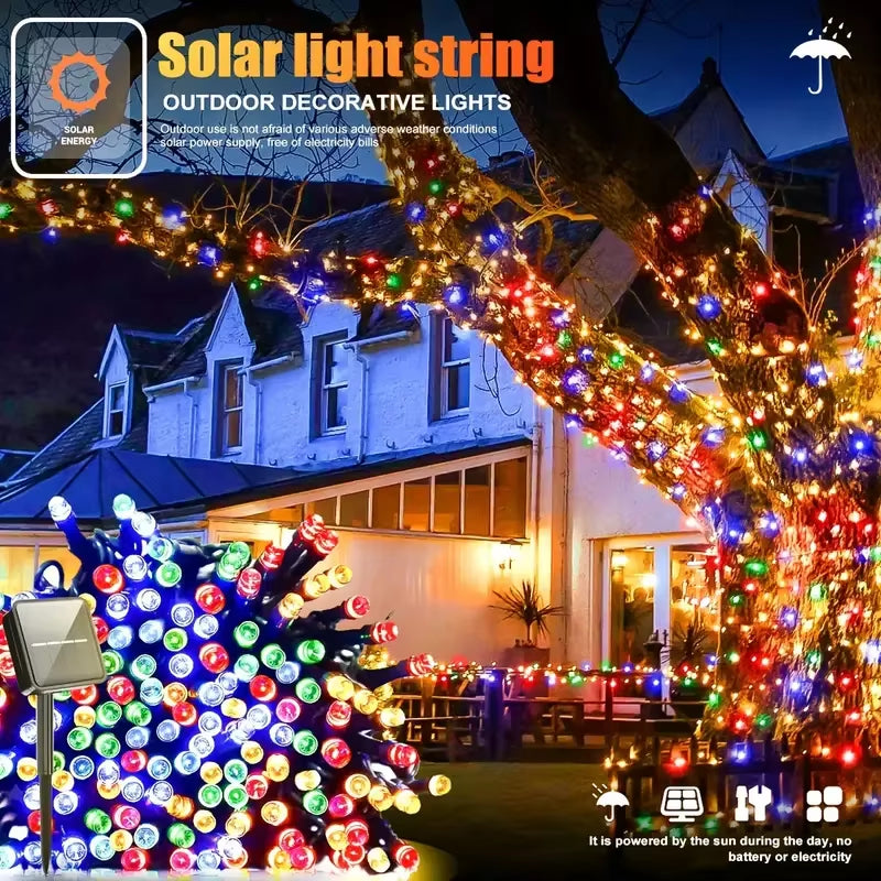 Solar Powered LED String Lights for Outdoor Christmas Garden Patio Balcony 8 Lighting Modes Waterproof Flickering Effect Light