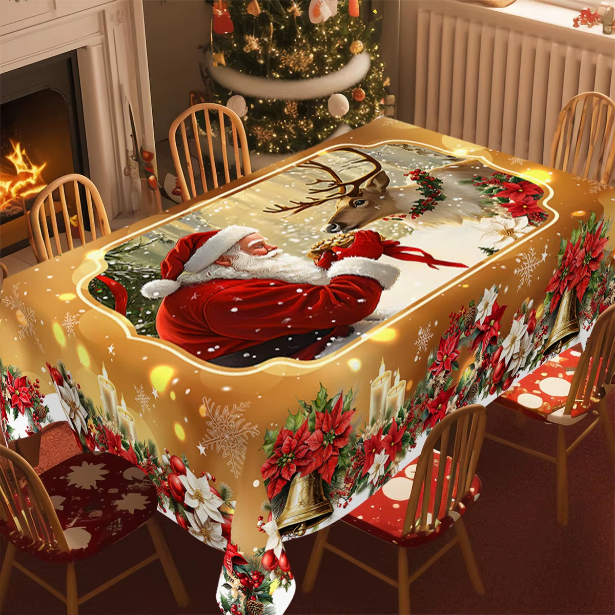 Golden Santa Claus Pattern Printed Tablecloth Christmas Decoration for Home 2025 Xmas Ornament Navidad Natal New Year Gift 2026
