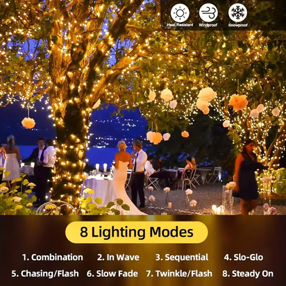 Solar Powered LED String Lights for Outdoor Christmas Garden Patio Balcony 8 Lighting Modes Waterproof Flickering Effect Light