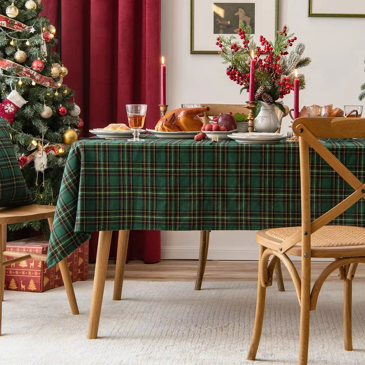 Christmas Tablecloth Green Plaid Snowflake Cotton Linen Rectangular Table Cover Navidad Noel New Year Gifts Dining Table Decor