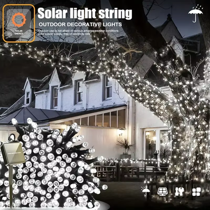 Solar Powered LED String Lights for Outdoor Christmas Garden Patio Balcony 8 Lighting Modes Waterproof Flickering Effect Light