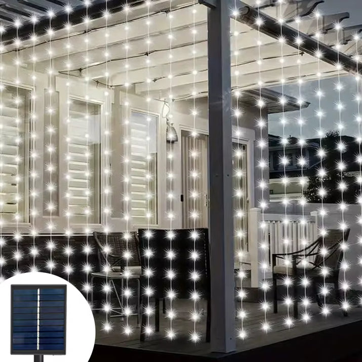 Outdoor LED Solar Powered Curtain Lamp 8 Modes Fairy Copper Wire String Light for Christmas Home Garden Wedding Party Decoration