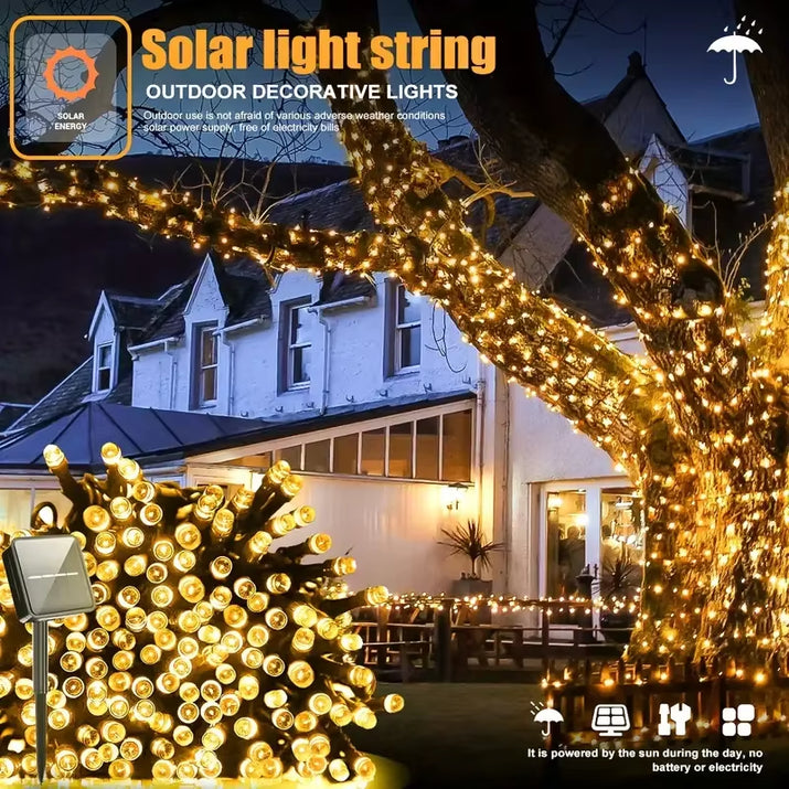 Solar Powered LED String Lights for Outdoor Christmas Garden Patio Balcony 8 Lighting Modes Waterproof Flickering Effect Light