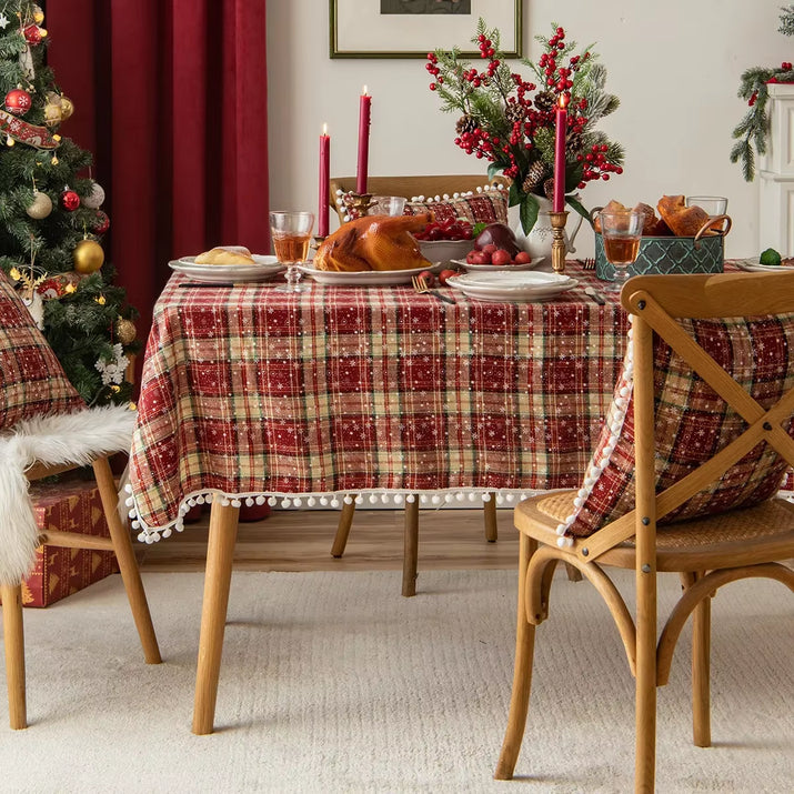 Christmas Tablecloth Green Plaid Snowflake Cotton Linen Rectangular Table Cover Navidad Noel New Year Gifts Dining Table Decor